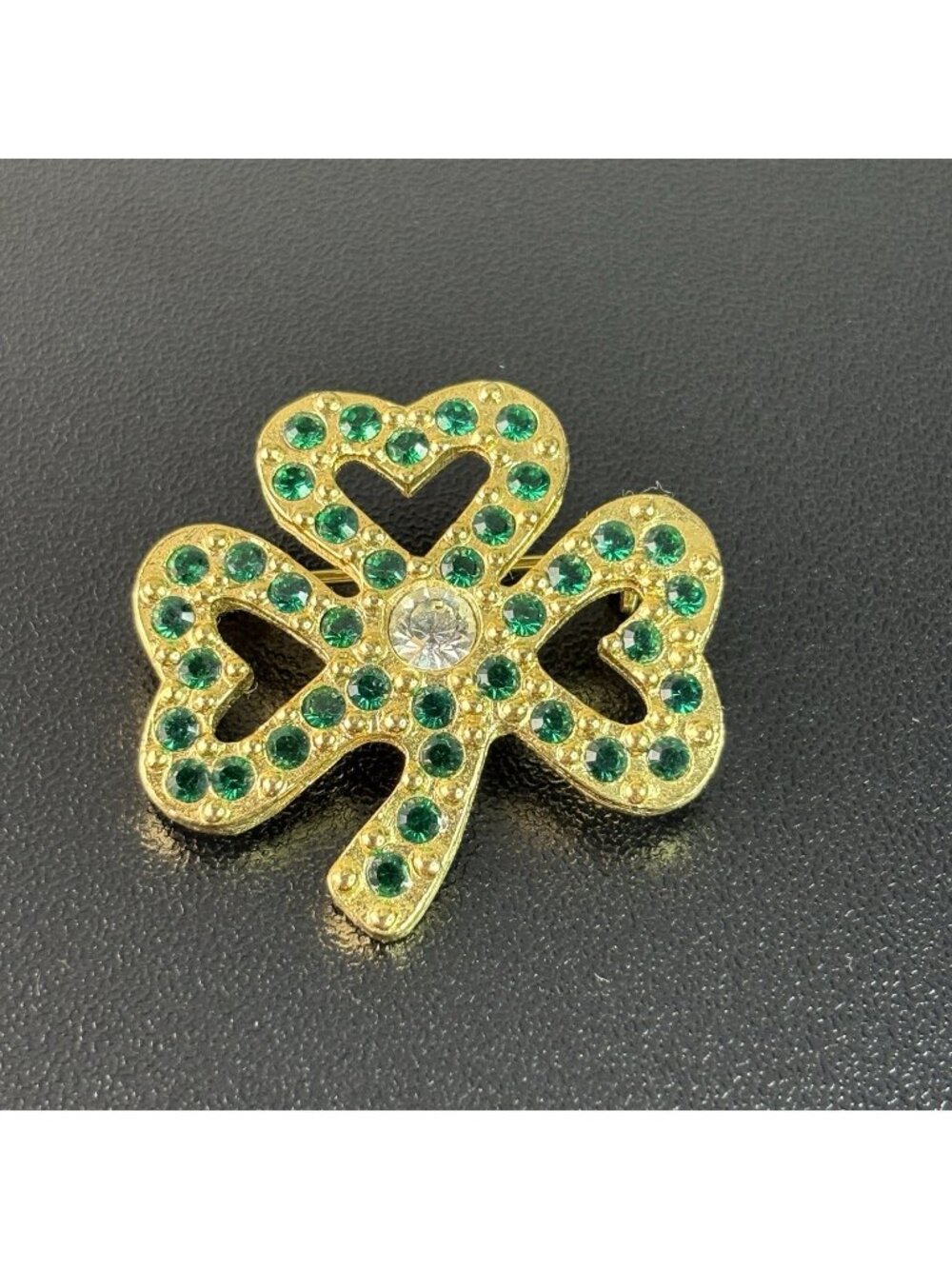 Vintage Gold Tine Shamrock Three Leaf Clover Brooch Pin Green Rhinestones 1.25"